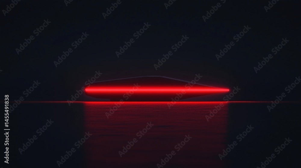 Poster minimalist futuristic object with a glowing red light, reflected on a dark, glossy surface.