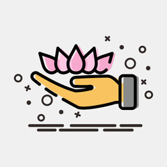 Icon lotus on hand. Buddhism and vesak elements. Icon in MBE style.