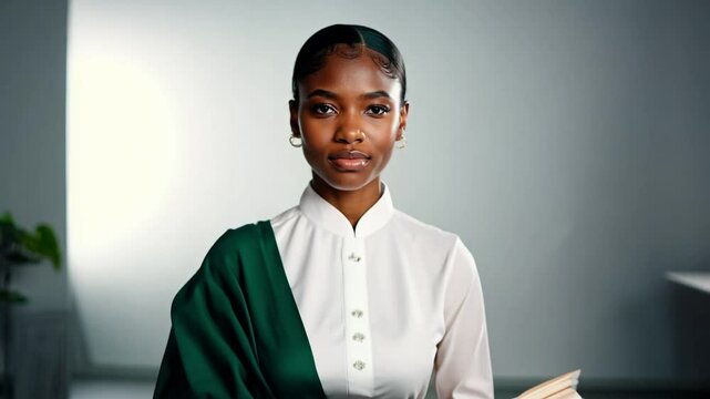 Nigerian woman in iro and buba walks confidently, facing the camera, in a studio with soft, even lighting, holding a sketchbook, dolly zoom out video