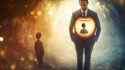Man Carrying Inner Child Through Symbolic Tunnel