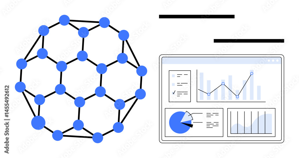 Poster spherical network of blue nodes linked by lines next to data dashboard with charts, graphs, and anal