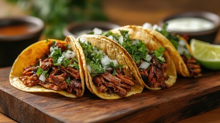 Delicious tacos with cilantro and lime on a wooden board.