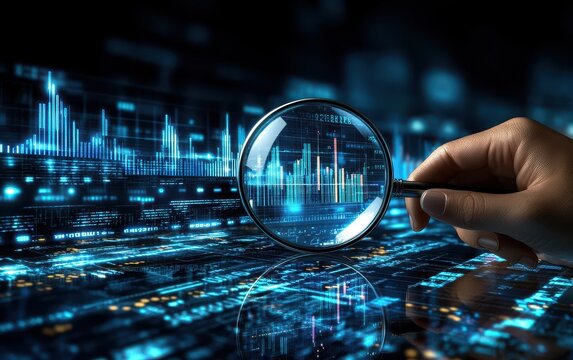 Hand holds magnifying glass over financial data.  Detailed digital graphs, charts, and lines are visible through the lens