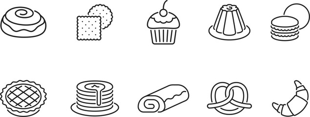  Desserts, sweet pastry and bake outline icons. vector