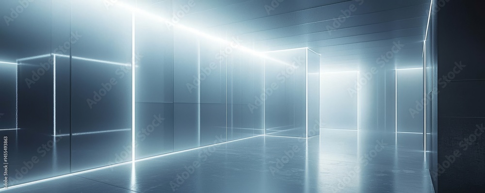 Poster futuristic illuminated corridor with sleek lines and glowing edges creating digital ambiance.