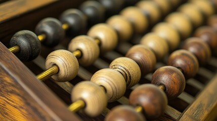 A vintage-style abacus with smooth, worn wood and brass beads.