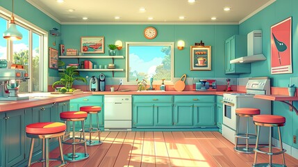 A vibrant, cheerful kitchen interior, styled for a cozy cafe.
