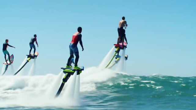 Watch as skilled athletes demonstrate their flyboarding techniques at the beach. They perform incredible stunts while catching sun and waves during a warm day by the ocean.
