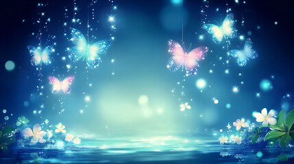 Enchanting fantasy image of glowing butterflies and flowers reflected in calm water, perfect for magical backgrounds, websites, or designs.