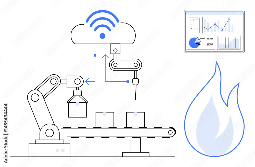 Poster robotic arm operates conveyor belt with connected cloud symbol and analytics dashboard. ideal for au