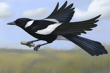 A majestic magpie in flight, showcasing its striking black and white plumage against a serene sky and grassy landscape.  The bird holds a small twig in its talons.