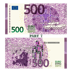 Vector obverse and reverse of fictitious military banknote of European Union. 500 euro note. Protective spotted background. 3d robot, tank and futuristic transport. Europe money. Part 7