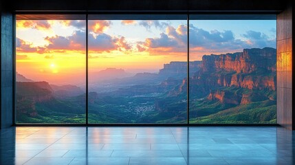 Large window view of a dramatic sunrise over a canyon landscape. Ideal for illustrating peaceful office spaces with nature views.