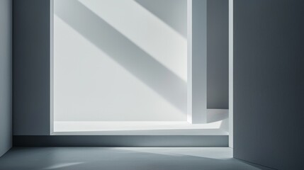 Minimalist interior design with natural light creating geometric shadows.