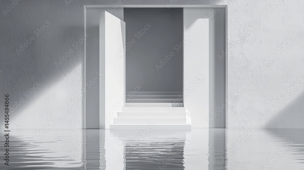 Poster minimalistic doorway with stairs reflecting in water, creating a calm and serene atmosphere.