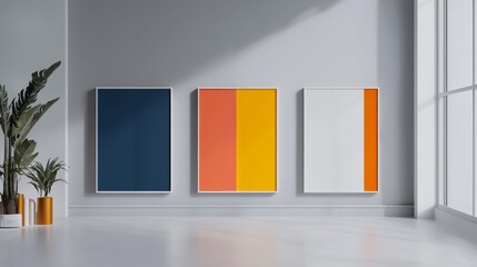 Modern art displayed in a bright, minimalist room with colorful paintings.