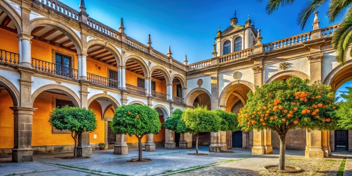Ancient arches of University of Osuna in Seville's historic center surrounded by orange trees and a blue sky