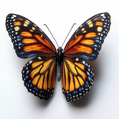 Obraz premium Monarch butterfly soars in golden light, wings wide open. Intricate details pop against white. Perfect for nature, beauty, or freedom concepts. High-resolution.