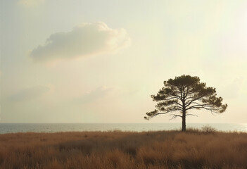 Wind-Harrowed and Wabi Sabi: A Minimalist Gotland Landscape Showcasing a Solitary Pine Tree, Harsh Shadows, and Earth Tones Under the Soft Morning Light
