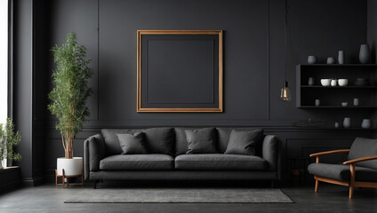 Elegant Empty Frame on a Dark Grey Living Room Wall