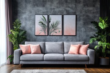 Gray sofa with pink cushions in a modern living room.