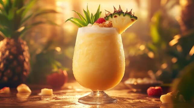 Tropical pineapple cocktail with fruit garnish, vibrant and refreshing.