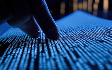 Close-up of a finger hovering over lines of code on a screen
