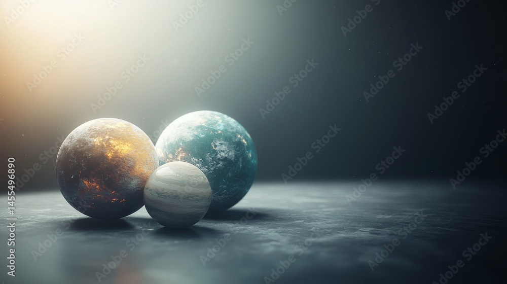 Poster three artistic planets illuminated by soft light, showcasing unique colors and textures.