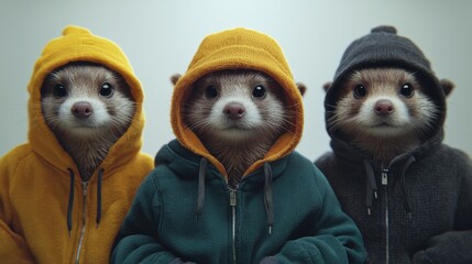 Fototapeta premium Three adorable ferrets in colorful hoodies, showcasing their playful personalities.