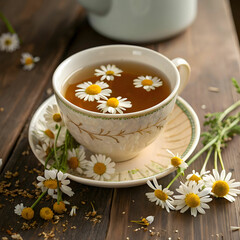 cup of tea with dried chamomile flowers