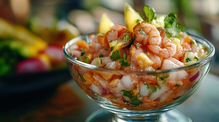 Fresh shrimp ceviche in a glass bowl, vibrant and delicious.