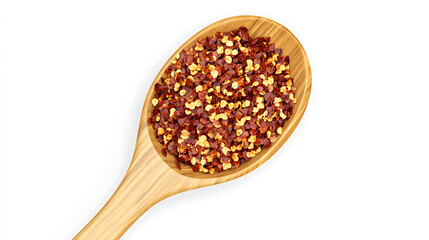 A spoonful of red pepper flakes is shown on a white background