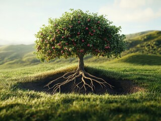 Tree Fruit. Apple Tree Concept Growing in Green Hill with Healthy Roots