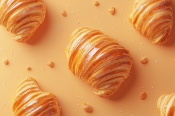 flaky buttery croissants in clean layout, soft peach backdrop, bakery design