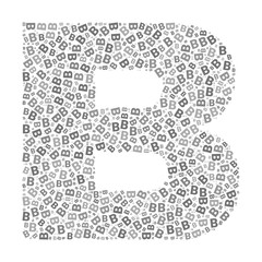 Creative letter B typography collage composed of multiple scattered letters in various sizes and grayscale tones