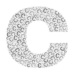 Creative letter C typography collage composed of multiple scattered letters in various sizes and grayscale tones