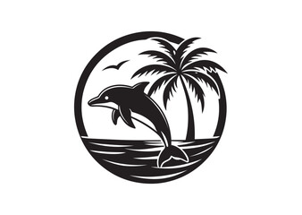 Dolphin Palm Tree Sunset Design, Dolphin Palm Tree Silhouette Vector