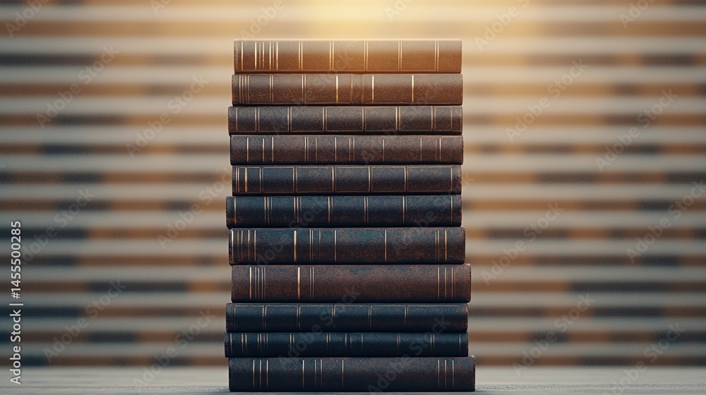Poster a stack of old, leather-bound books is neatly arranged on a table with a blurred striped background 