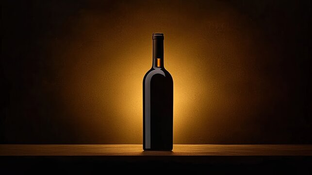 A wine bottle stands on a wooden surface, dramatically lit with a warm, glowing background.