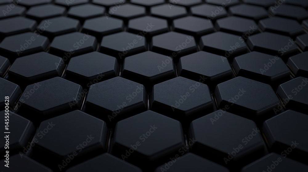 Poster close-up of a dark, textured hexagonal pattern creating a modern, geometric, and futuristic surface.