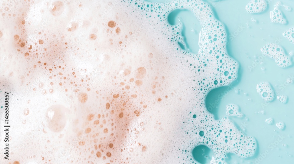 Poster bubbles rise and create a frothy texture on a calm light blue liquid during midday, showcasing a ref
