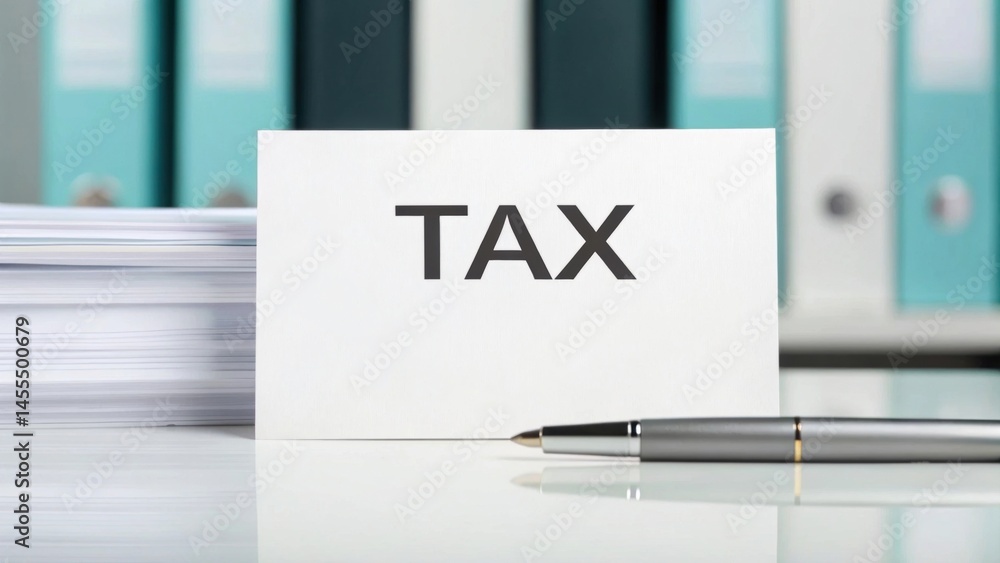 Poster government taxes and calculation tax return. tax documentation with a pen on a reflective surface an