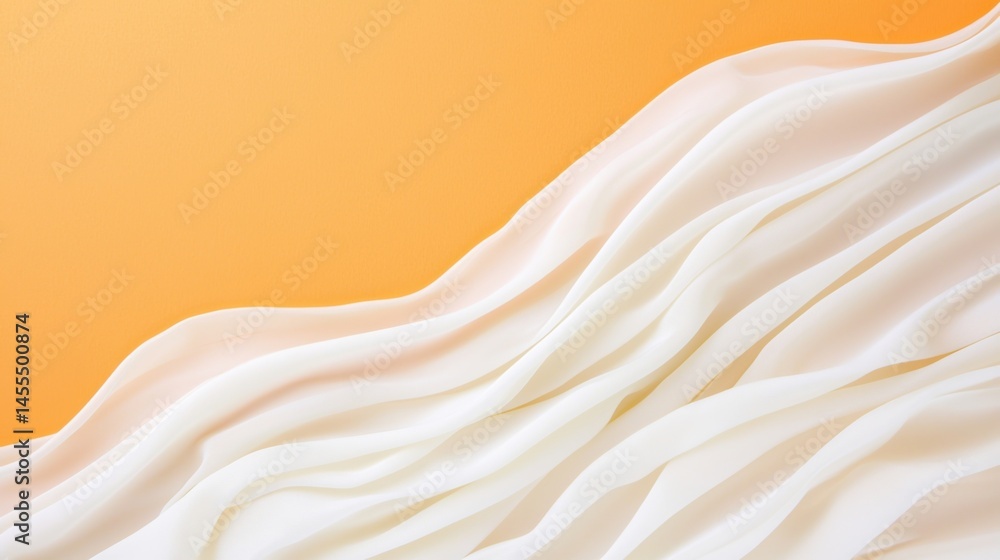 Poster soft flowing white fabric waves on a warm orange background, creating a modern abstract and calming 