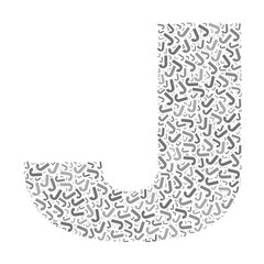 Creative letter J typography collage composed of multiple scattered letters in various sizes and grayscale tones