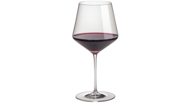 Elegant wine glass filled with rich red wine, showcasing its deep color and clarity, perfect for sophisticated dining experience, Isolated cutout on a transparent background