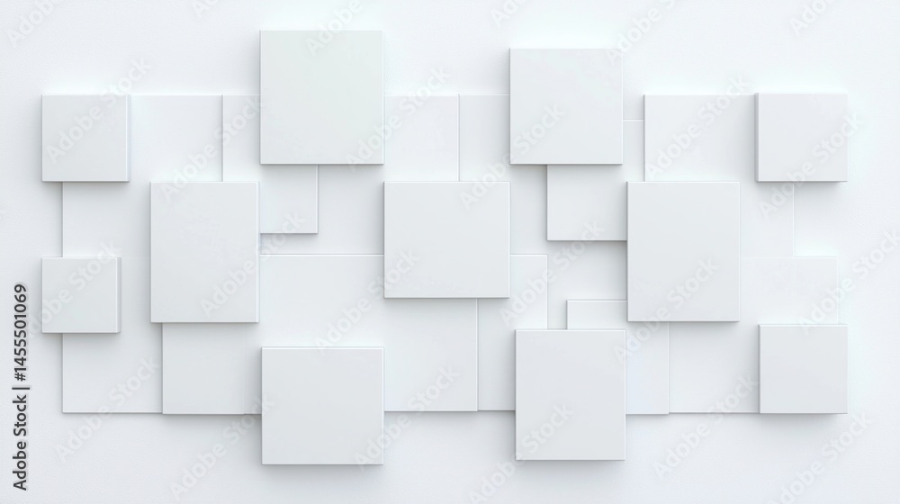 Poster minimalist arrangement of overlapping white squares on a light background, creating a modern geometr