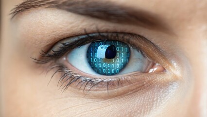 A close-up of an eye reflecting binary code, symbolizing the connection between technology and human perception.