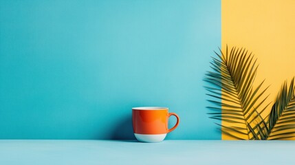Obraz premium Vibrant orange mug, vibrant colors, tropical leaf