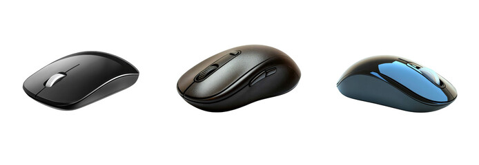Collection of three computer mice showcasing different designs and colors, ideal for various user preferences and ergonomic needs, Isolated cutout on a transparent background