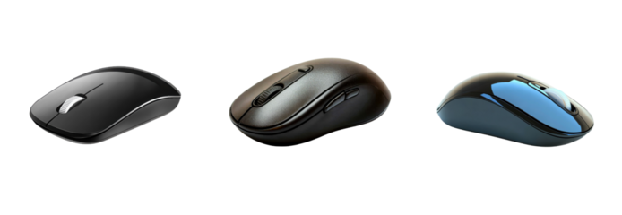 Collection of three computer mice showcasing different designs and colors, ideal for various user preferences and ergonomic needs, Isolated cutout on a transparent background
